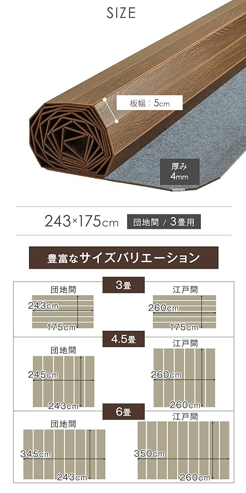 Amazon｜タンスのゲン ウッドカーペット 3畳 ロール式 1枚敷き